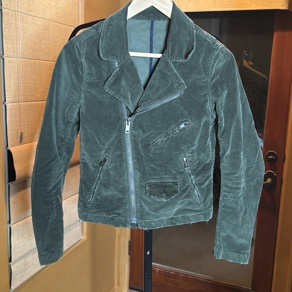Ideal Forest Green Velvet Distressed Moto Jacket Size Small